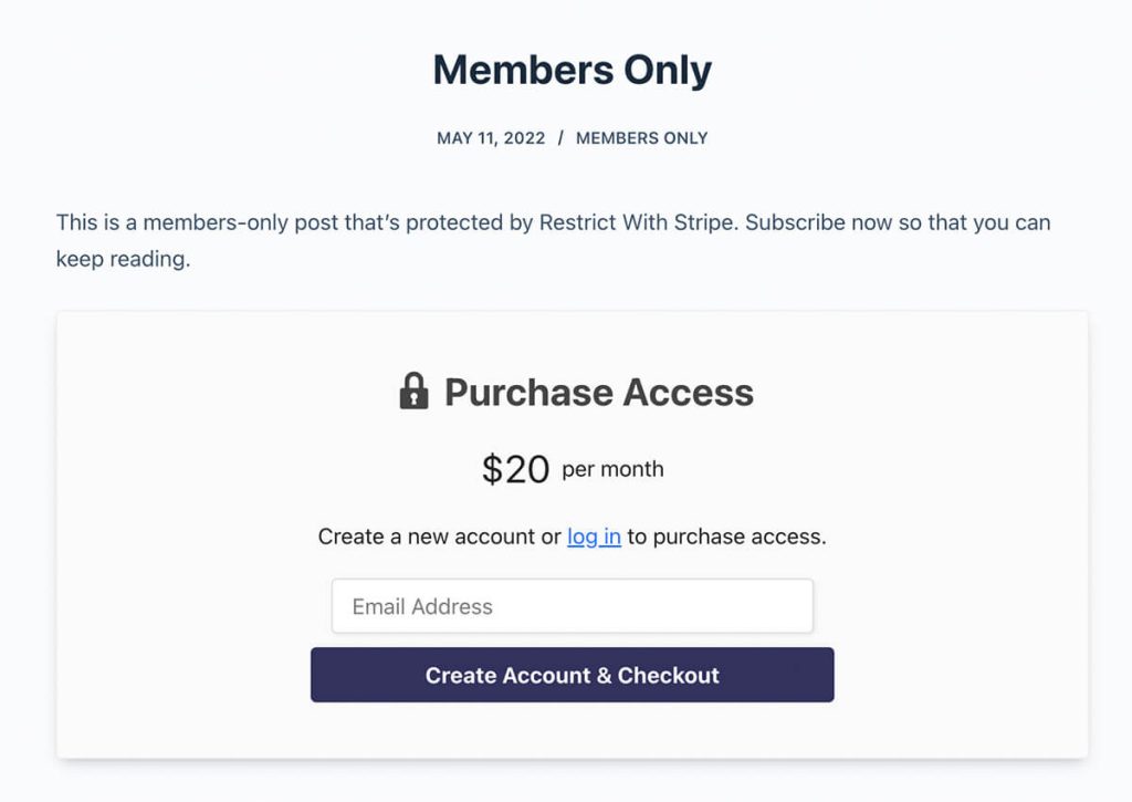 Example screenshot of a protected post with a form to sign up and checkout with Stripe