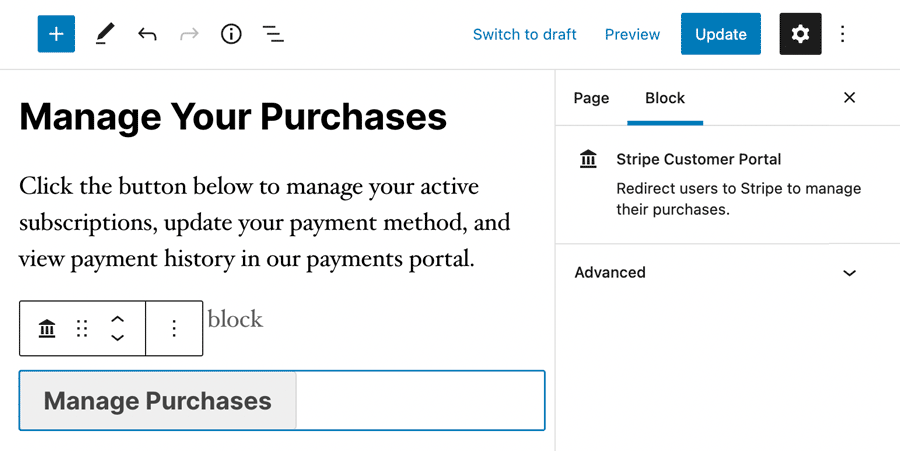 Insert the Customer Portal Block Into a User Account Page or Profile Page